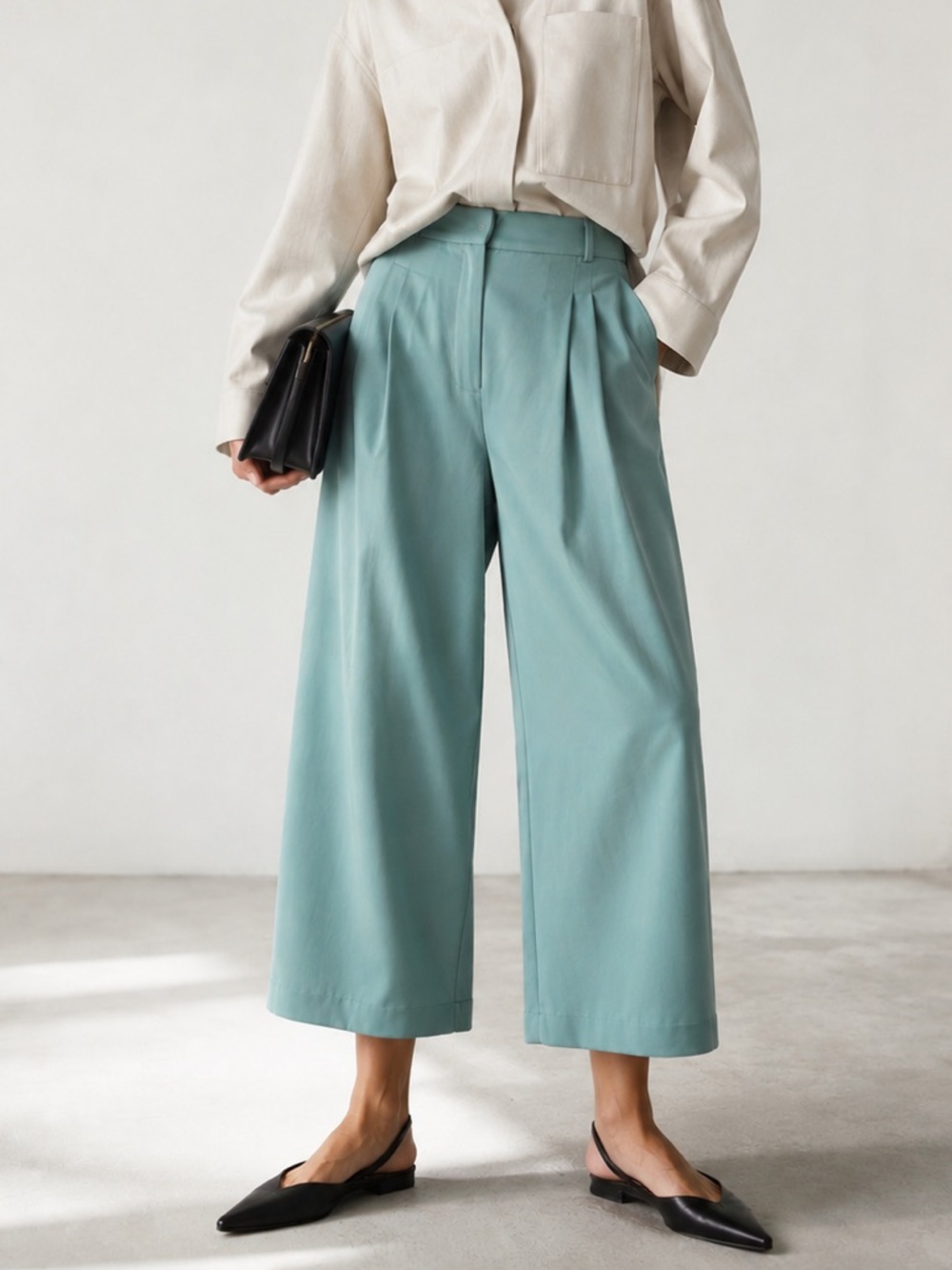 TIBI High Rise Pleated Cropped Wide Leg Crepe Dress Pants \\ 2